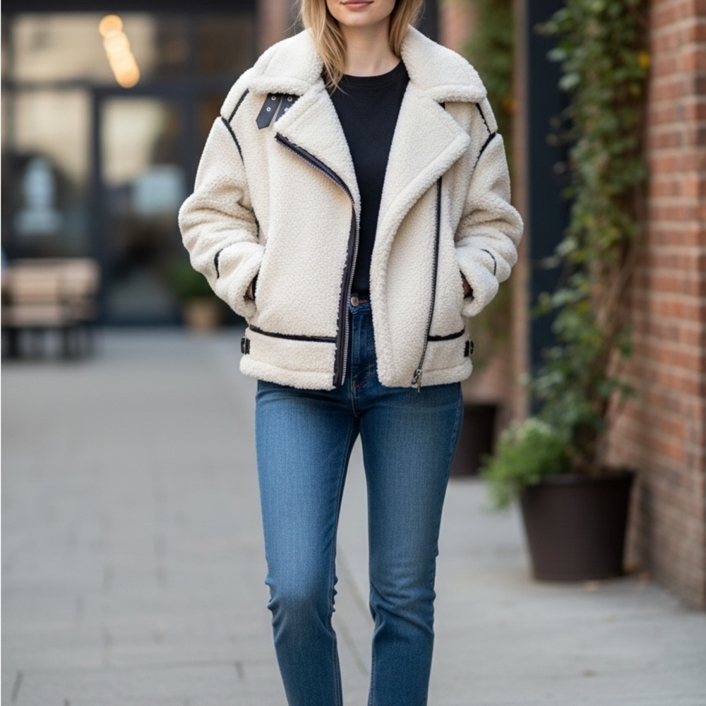 Anthropologie| BlankNYC Cream Sherpa Moto Jacket with Black Vegan LeatherTrim